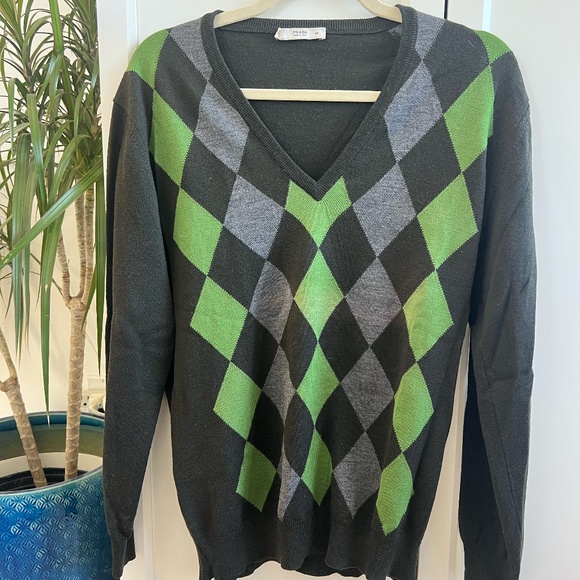 Prada Sweaters - Prada Argyle V Neck Wool Sweater in Green Size 40